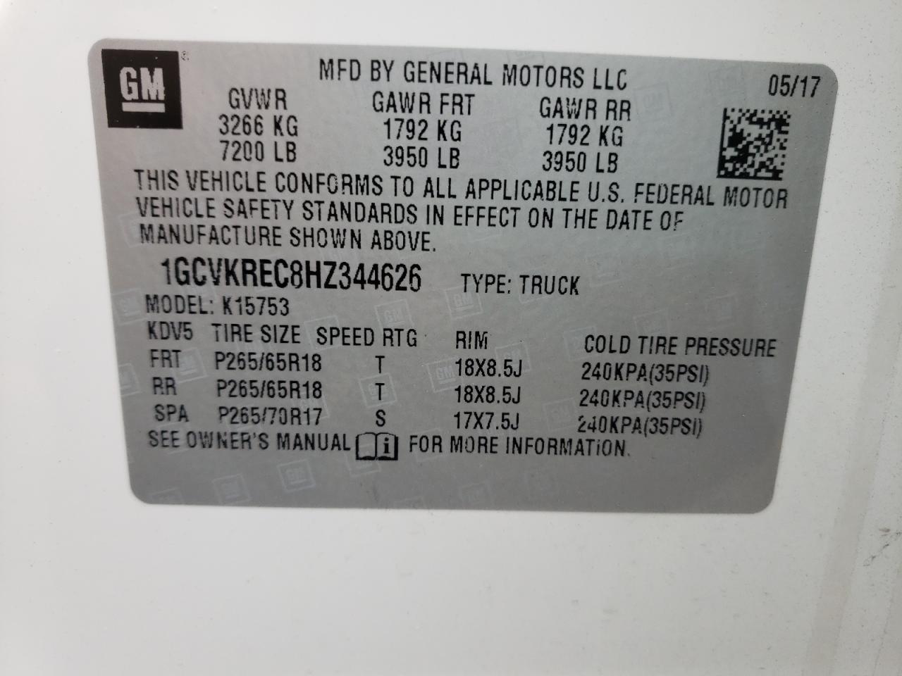 Photo 10 from auction – 2017 CHEVROLET SILVERADO with VIN 1GCVKREC8HZ344626