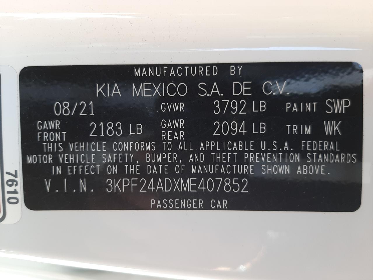 Photo 10 from auction – 2021 KIA FORTE FE with VIN 3KPF24ADXME407852