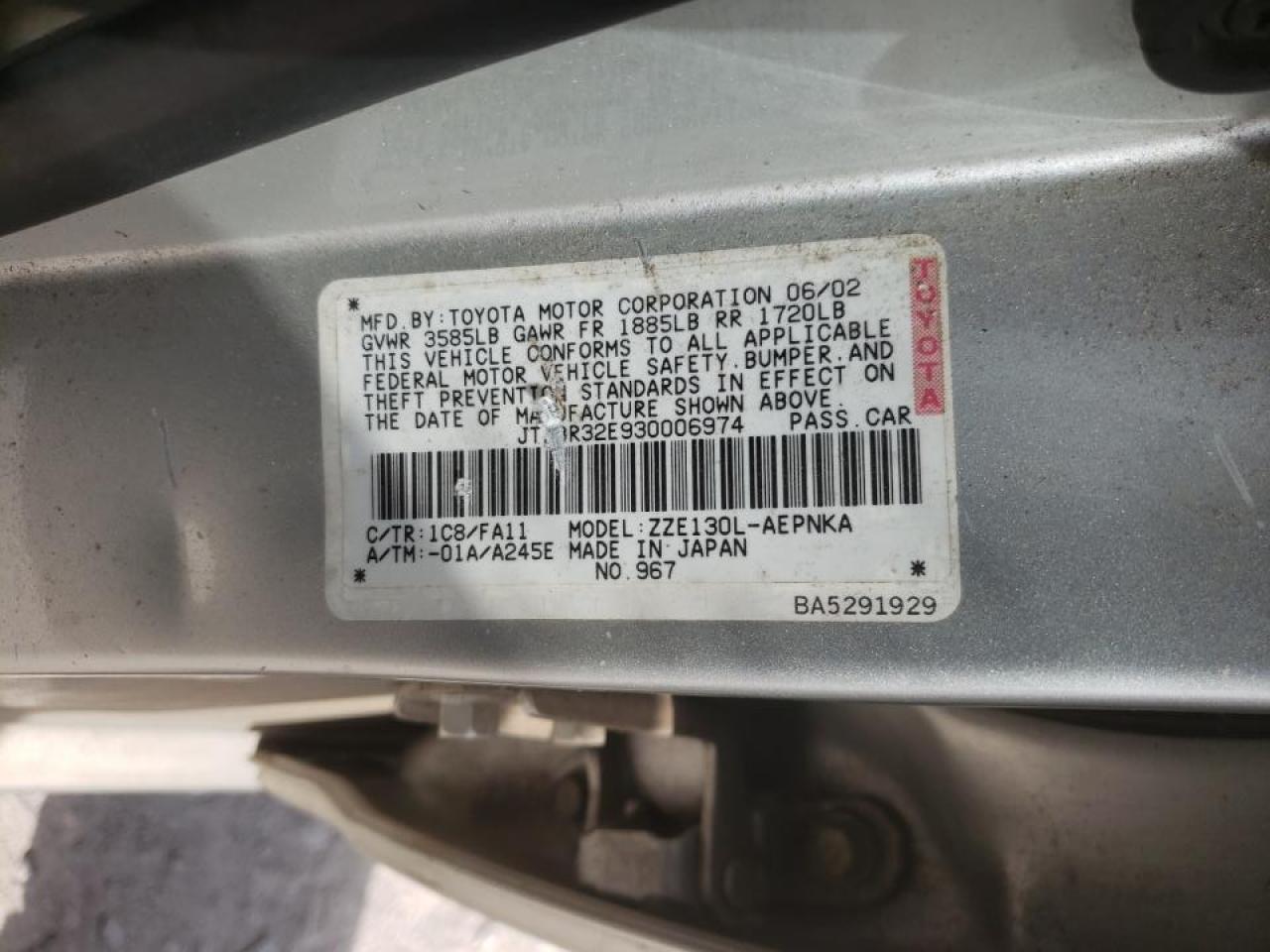 Photo 10 from auction – 2003 TOYOTA COROLLA CE with VIN JTDBR32E930006974