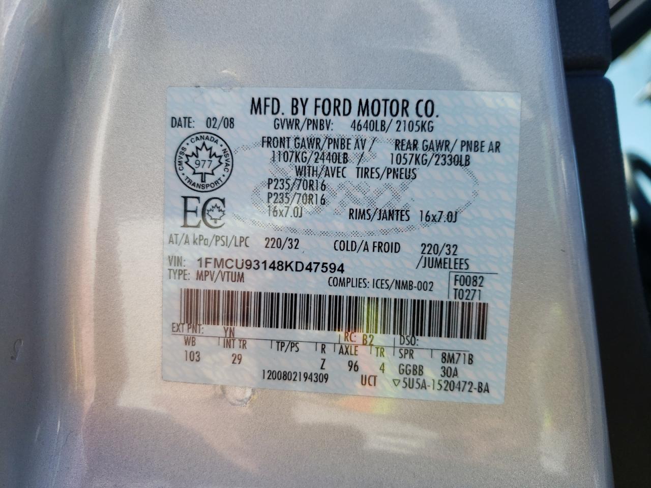 Photo 10 from auction – 2008 FORD ESCAPE XLT with VIN 1FMCU93148KD47594