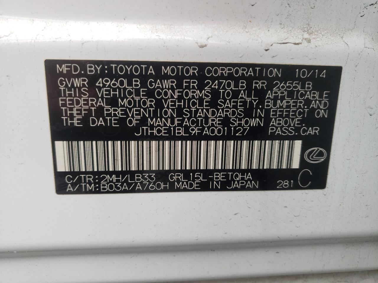 Photo 10 from auction – 2015 LEXUS GS 350 with VIN JTHCE1BL9FA001127