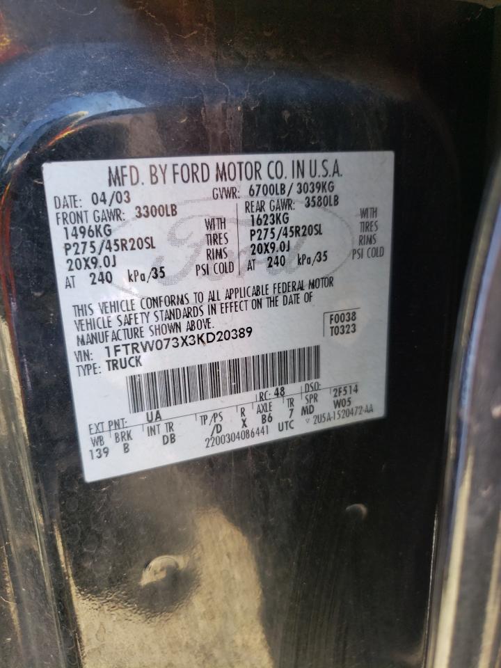 Photo 10 from auction – 2003 FORD F150 SUPER with VIN 1FTRW073X3KD20389