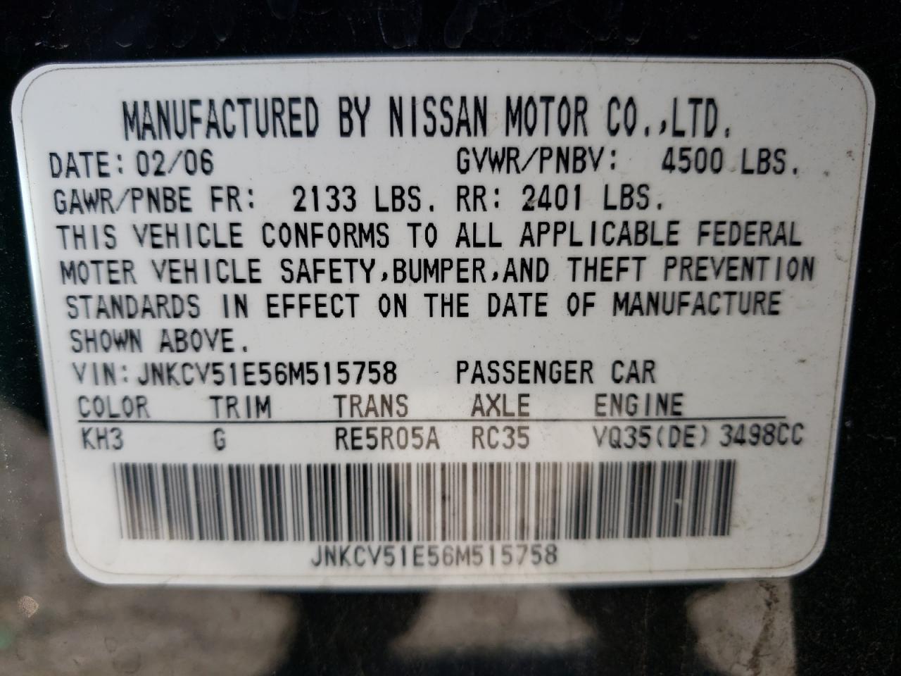 Photo 10 from auction – 2006 INFINITI G35 with VIN JNKCV51E56M515758