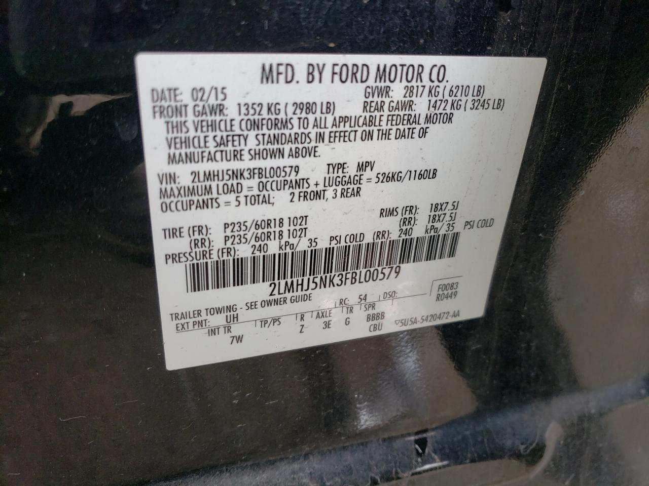 Photo 10 from auction – 2015 LINCOLN MKT with VIN 2LMHJ5NK3FBL00579
