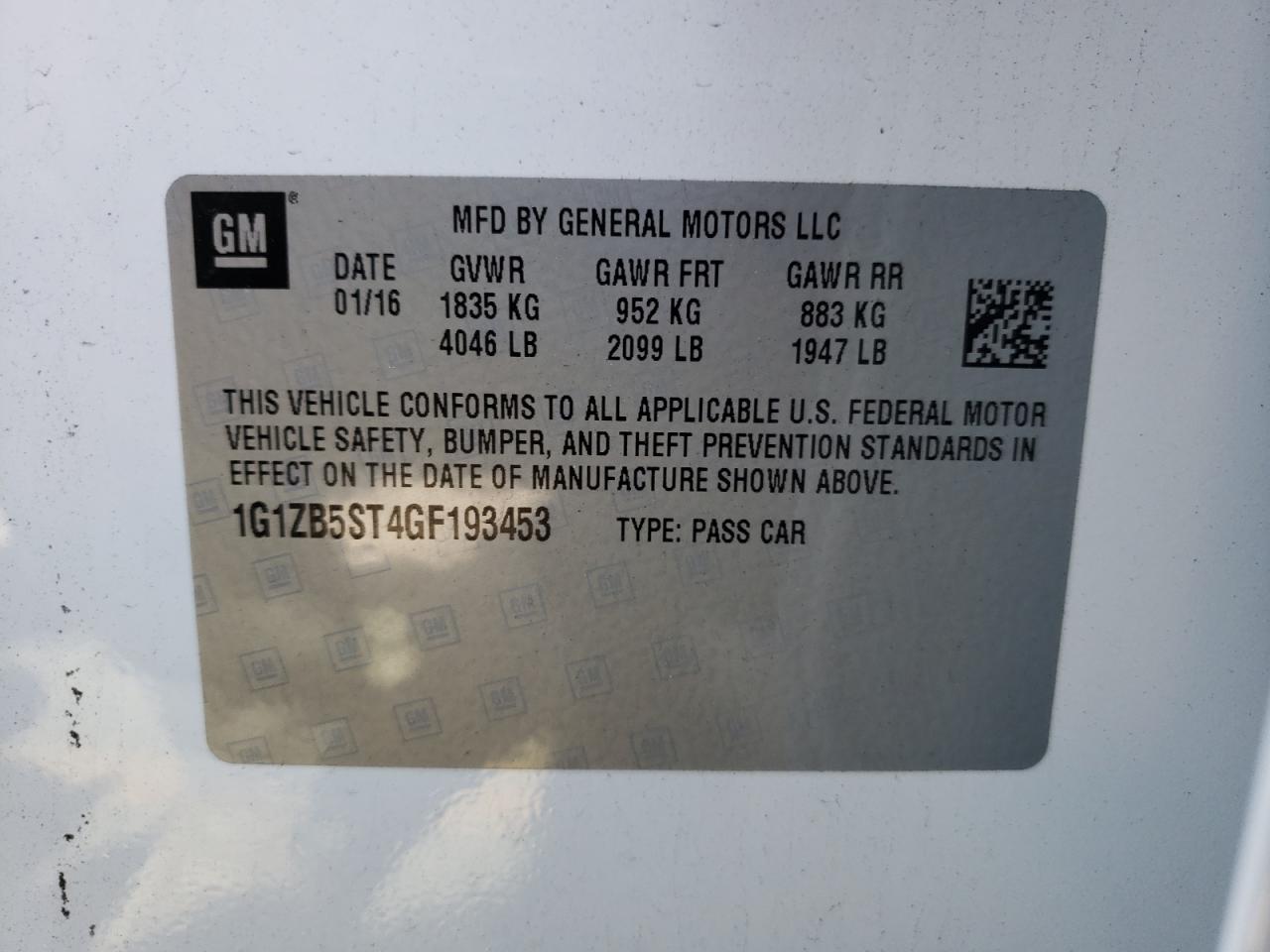 Photo 10 from auction – 2016 CHEVROLET MALIBU LS with VIN 1G1ZB5ST4GF193453