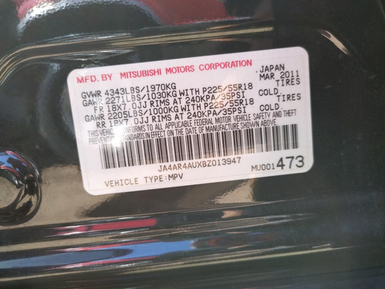Photo 10 from auction – 2011 MITSUBISHI OUTLANDER with VIN JA4AR4AUXBZ013947
