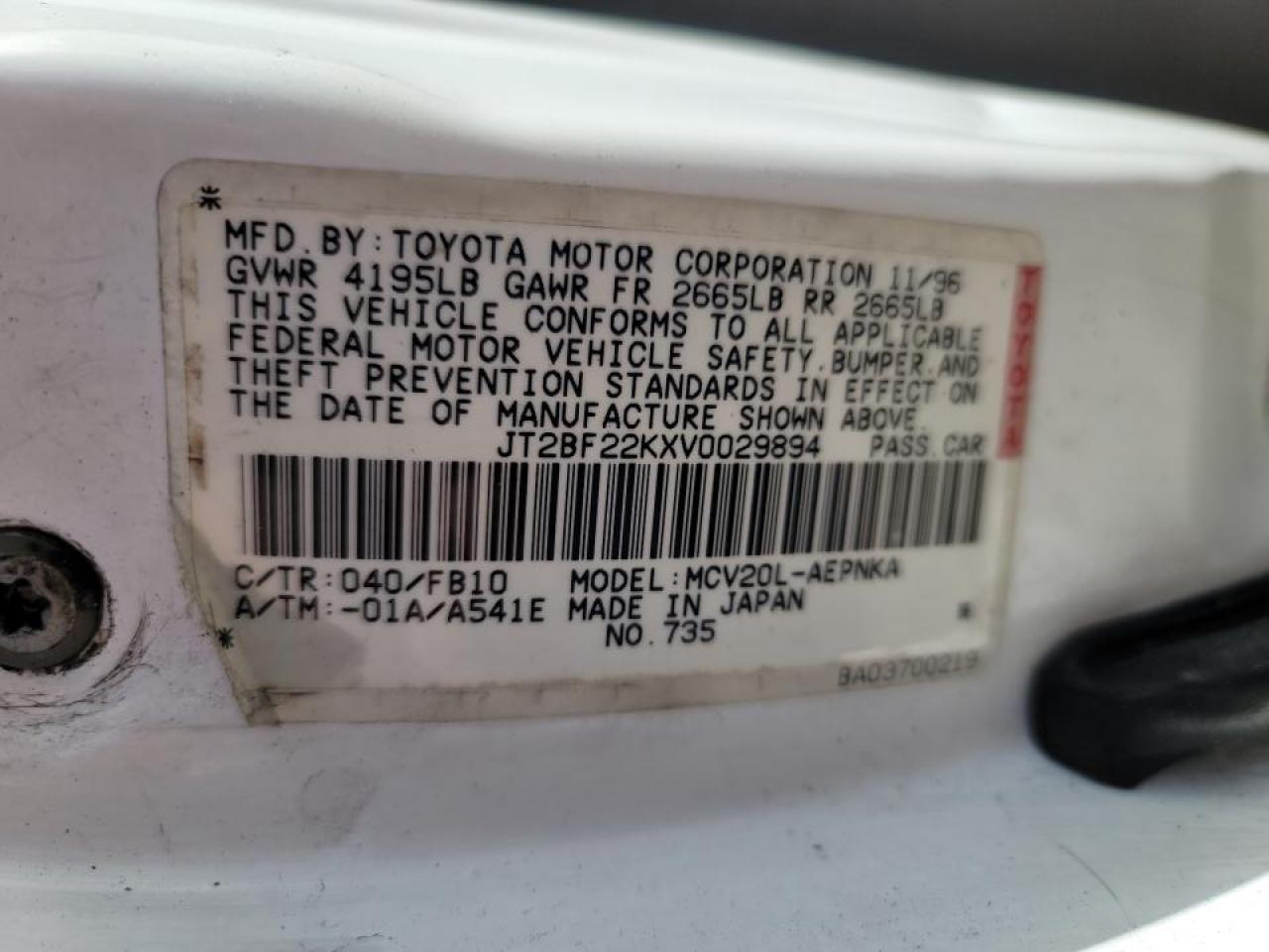 Photo 10 from auction – 1997 TOYOTA CAMRY LE with VIN JT2BF22KXV0029894