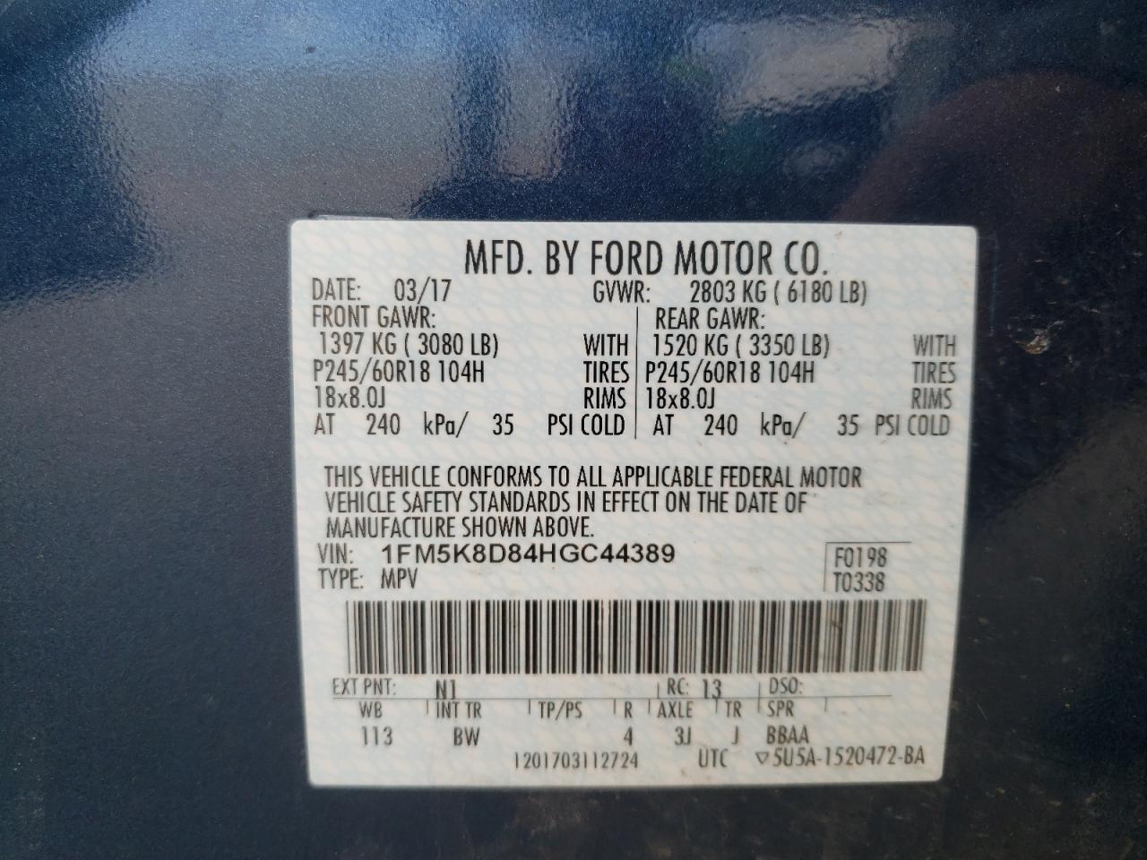 Foto 10 de la subasta – 2017 FORD EXPLORER X con VIN 1FM5K8D84HGC44389