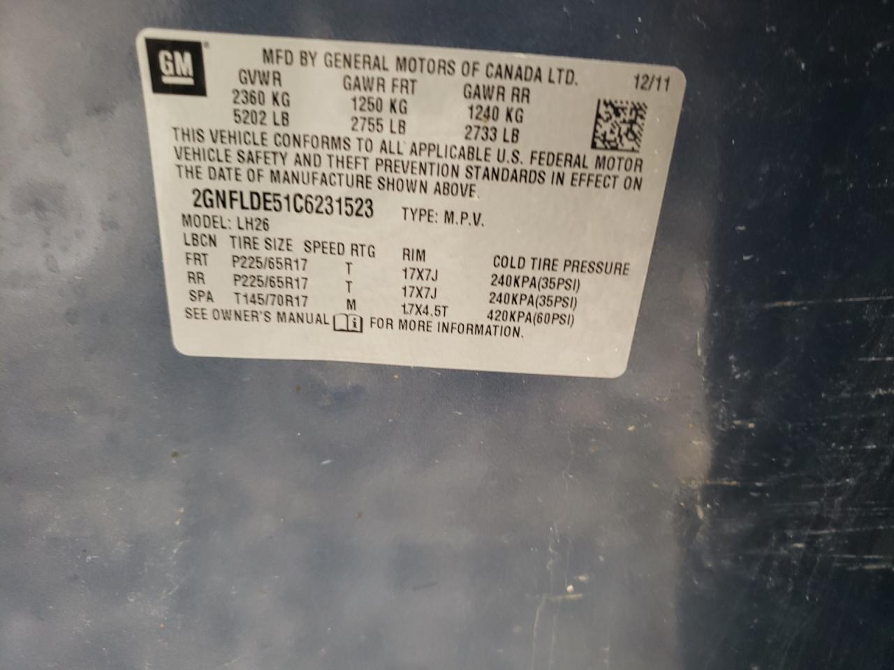 Zdjęcie 10 z aukcji – 2012 CHEVROLET EQUINOX LT z VIN 2GNFLDE51C6231523