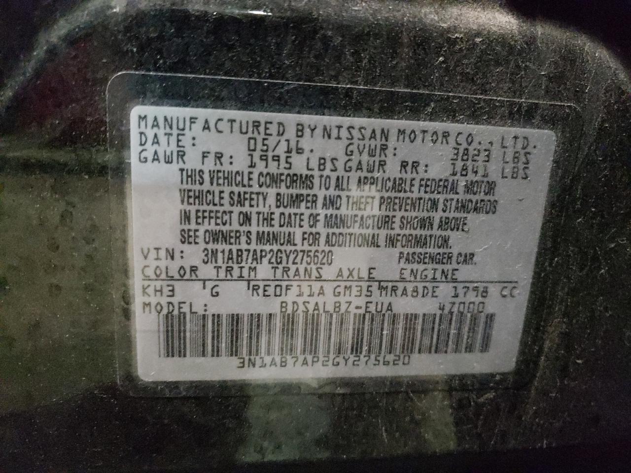 Photo 10 from auction – 2016 NISSAN SENTRA S with VIN 3N1AB7AP2GY275620