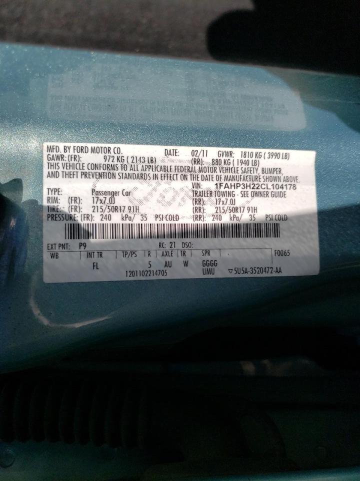 Photo 10 from auction – 2012 FORD FOCUS SEL with VIN 1FAHP3H22CL104178