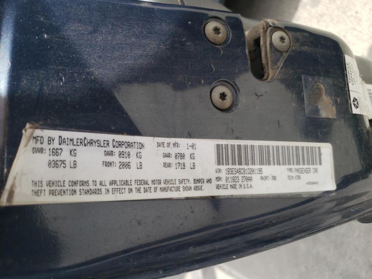 Photo 10 from auction – 2001 DODGE NEON SE with VIN 1B3ES46C81D201195
