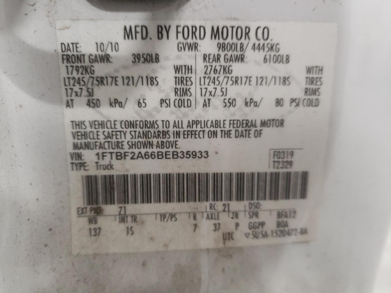 Photo 10 from auction – 2011 FORD F250 SUPER with VIN 1FTBF2A66BEB35933