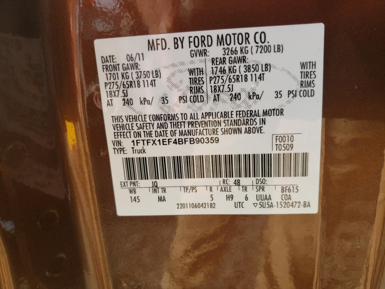 Photo 10 from auction – 2011 FORD F150 SUPER with VIN 1FTFX1EF4BFB90359