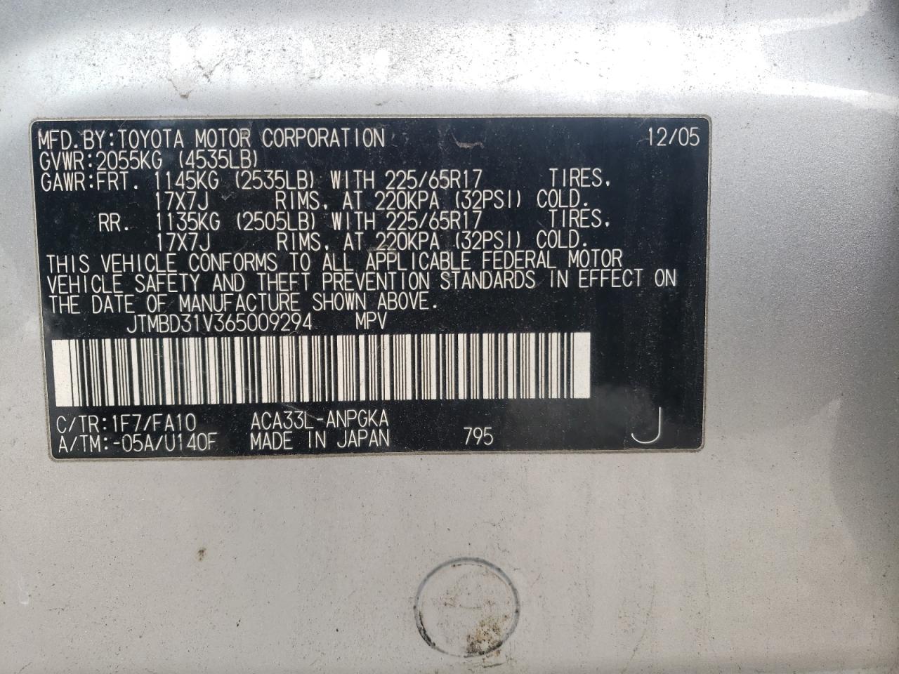 Photo 10 from auction – 2006 TOYOTA RAV4 LIMIT with VIN JTMBD31V365009294