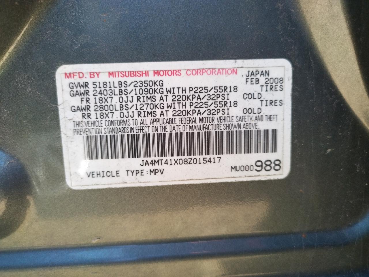 Photo 10 from auction – 2008 MITSUBISHI OUTLANDER with VIN JA4MT41X08Z015417