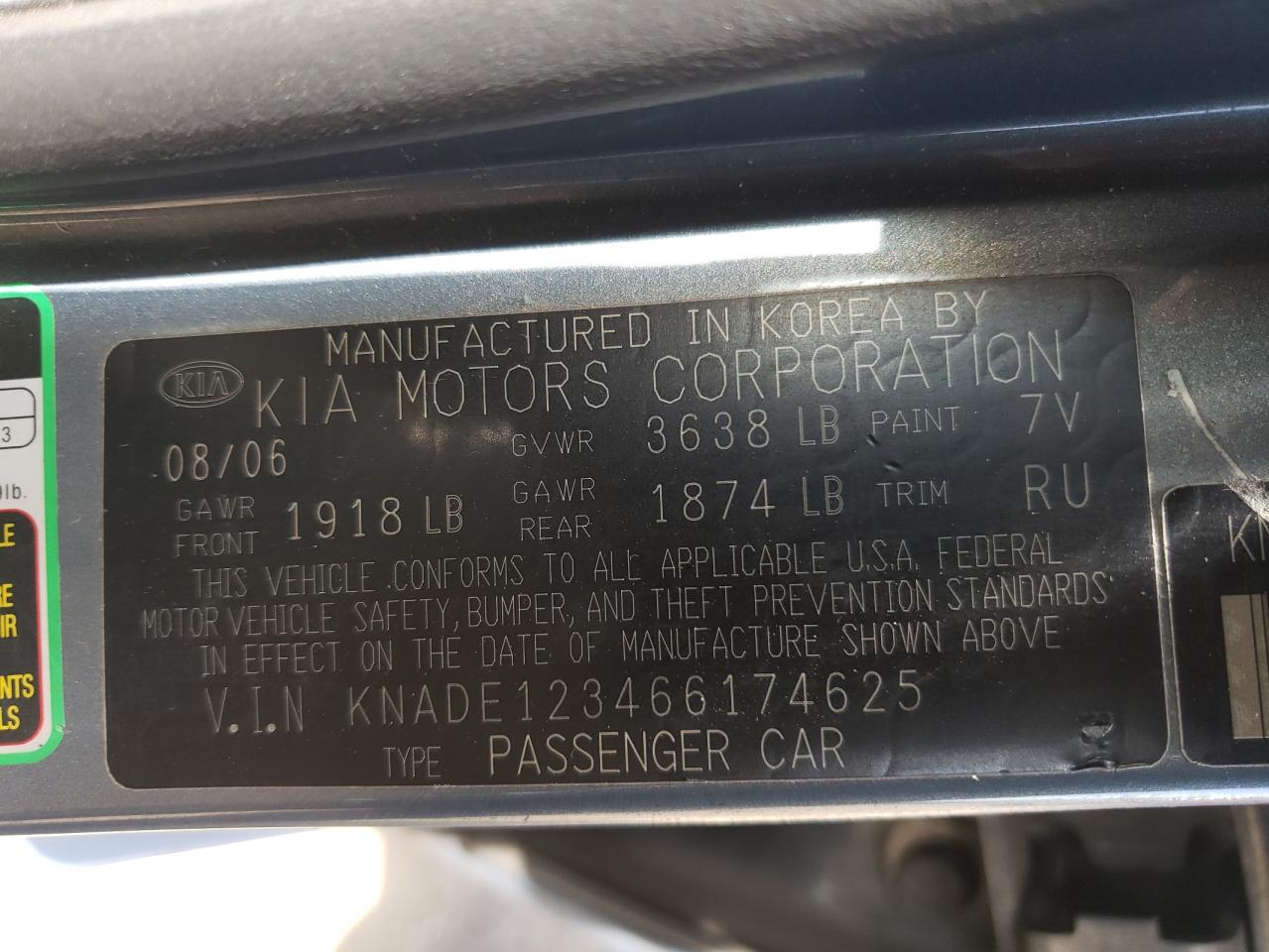 Photo 10 from auction – 2006 KIA RIO with VIN KNADE123466174625