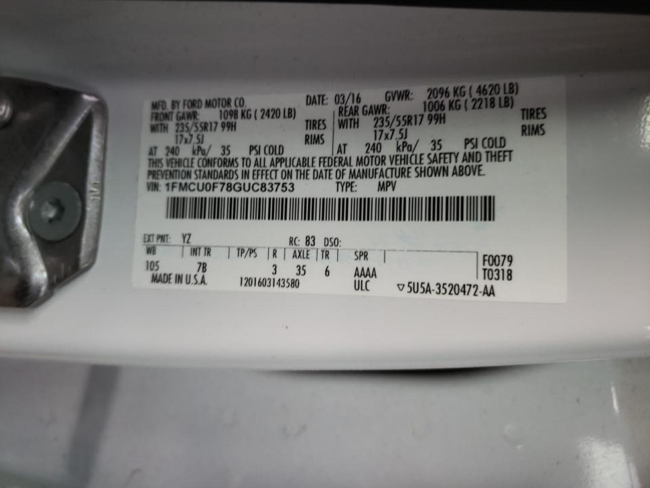 Photo 10 from auction – 2016 FORD ESCAPE S with VIN 1FMCU0F78GUC83753
