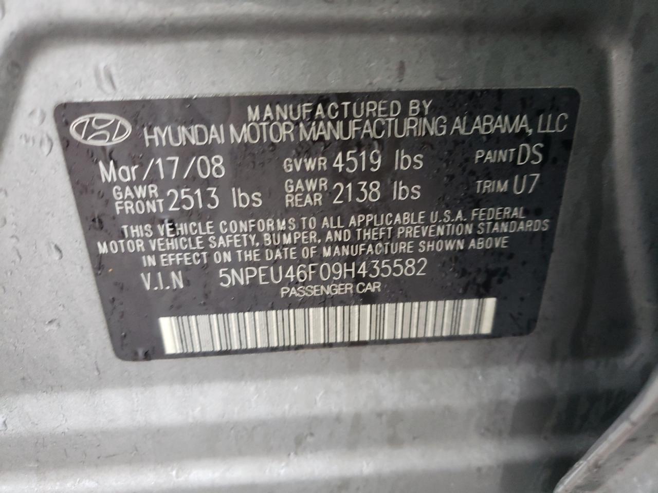 Photo 10 from auction – 2009 HYUNDAI SONATA SE with VIN 5NPEU46F09H435582