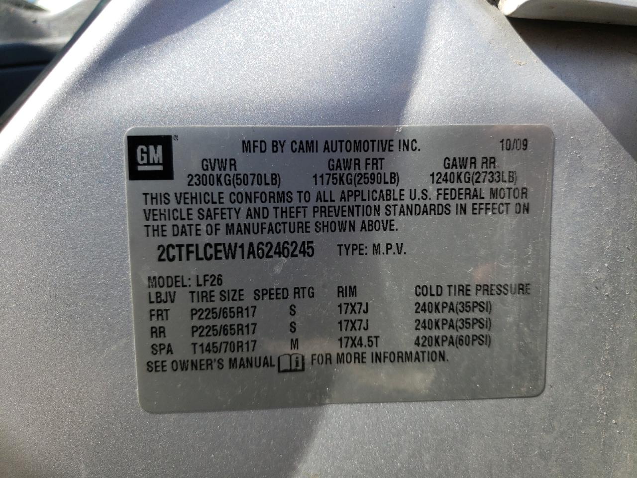Photo 10 from auction – 2010 GMC TERRAIN SL with VIN 2CTFLCEW1A6246245