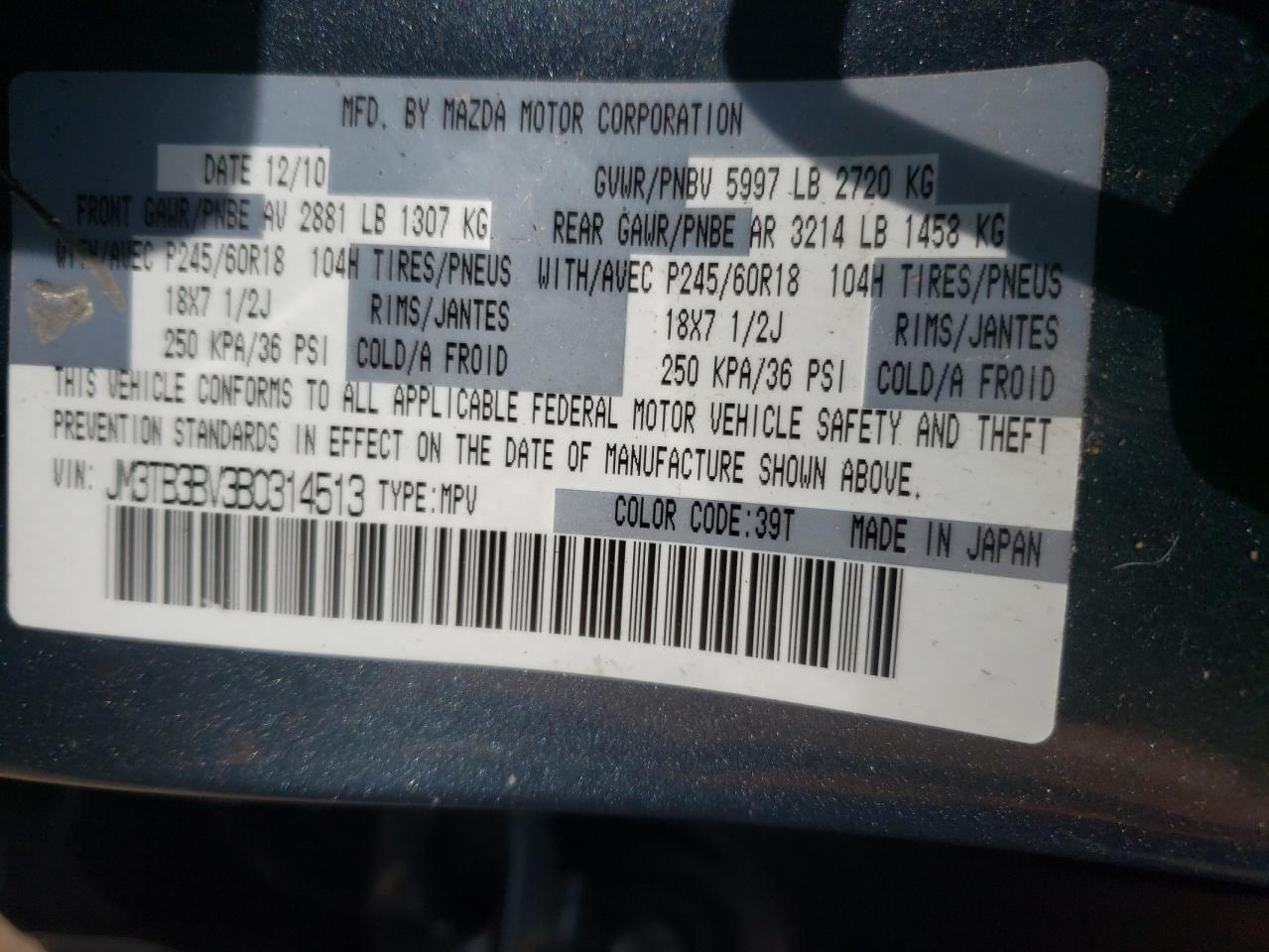 Photo 10 from auction – 2011 MAZDA CX-9 with VIN JM3TB3BV3B0314513