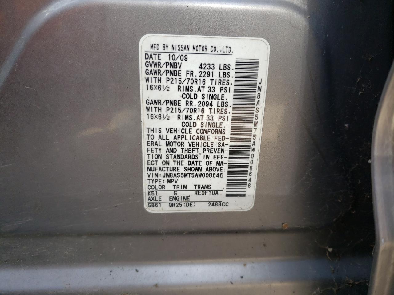 Photo 10 from auction – 2010 NISSAN ROGUE with VIN JN8AS5MT5AW008646