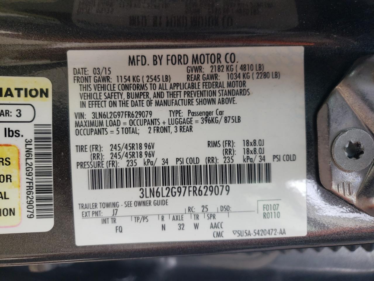Photo 10 from auction – 2015 LINCOLN MKZ with VIN 3LN6L2G97FR629079