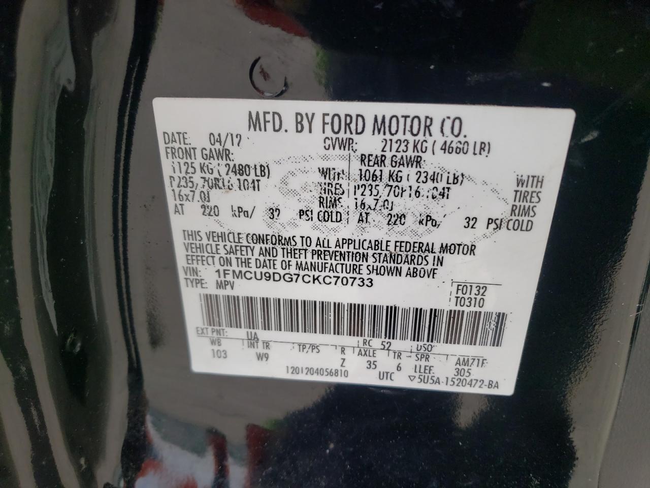 Photo 10 from auction – 2012 FORD ESCAPE XLT with VIN 1FMCU9DG7CKC70733