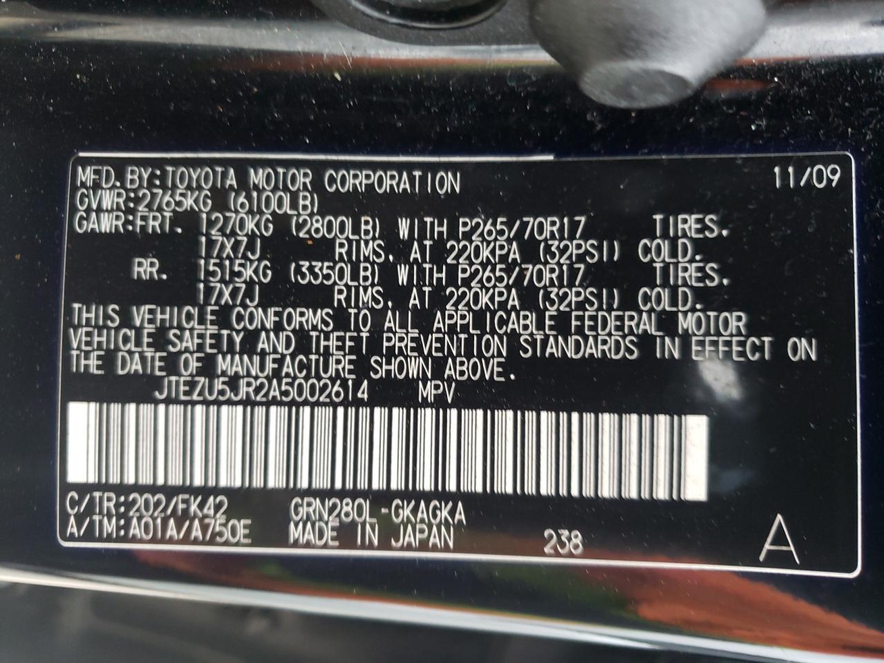 Photo 10 from auction – 2010 TOYOTA 4RUNNER SR with VIN JTEZU5JR2A5002614