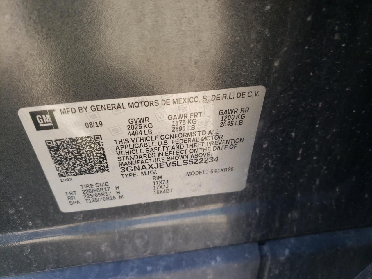 Photo 10 from auction – 2020 CHEVROLET EQUINOX LT with VIN 3GNAXJEV5LS522234