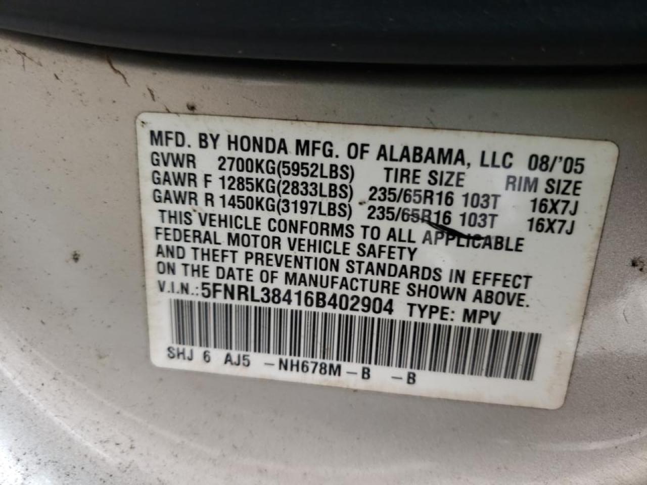 Photo 10 from auction – 2006 HONDA ODYSSEY EX with VIN 5FNRL38416B402904