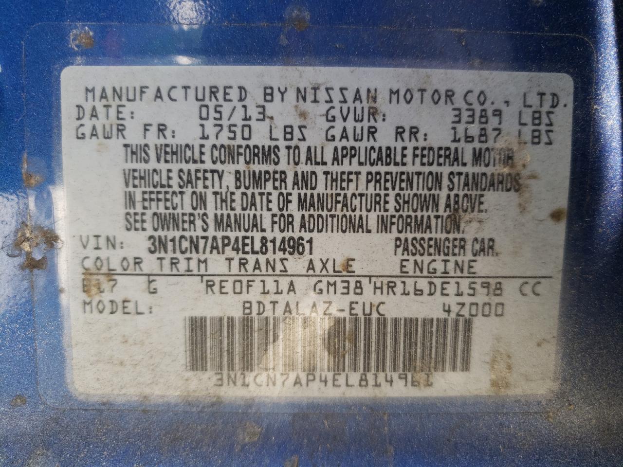 Photo 10 from auction – 2014 NISSAN VERSA with VIN 3N1CN7AP4EL814961