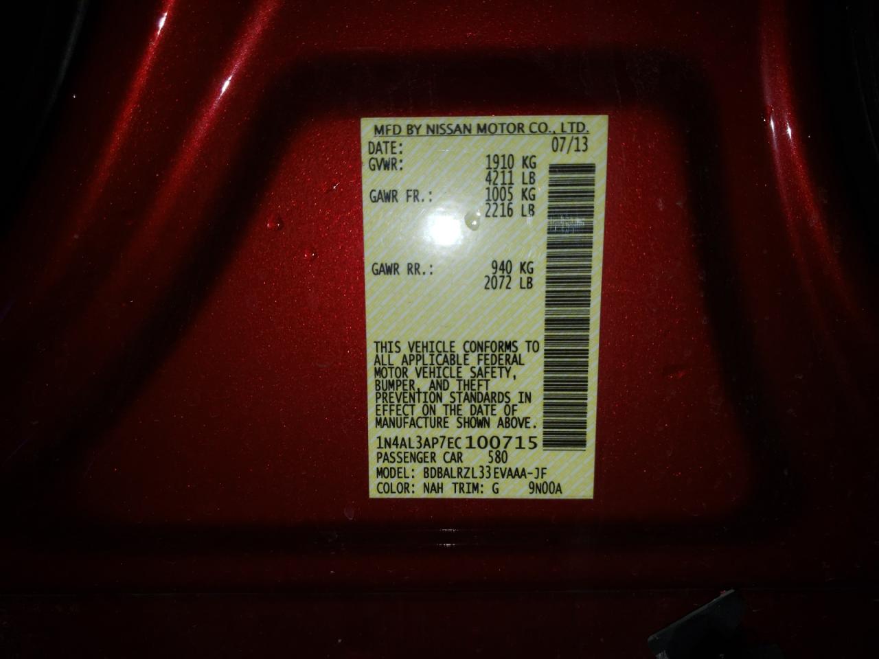 Photo 10 from auction – 2014 NISSAN ALTIMA 2.5 with VIN 1N4AL3AP7EC100715