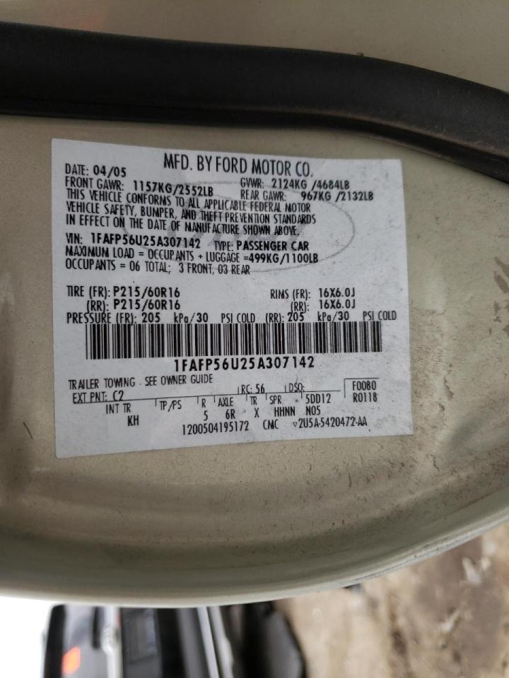 Photo 10 from auction – 2005 FORD TAURUS SEL with VIN 1FAFP56U25A307142