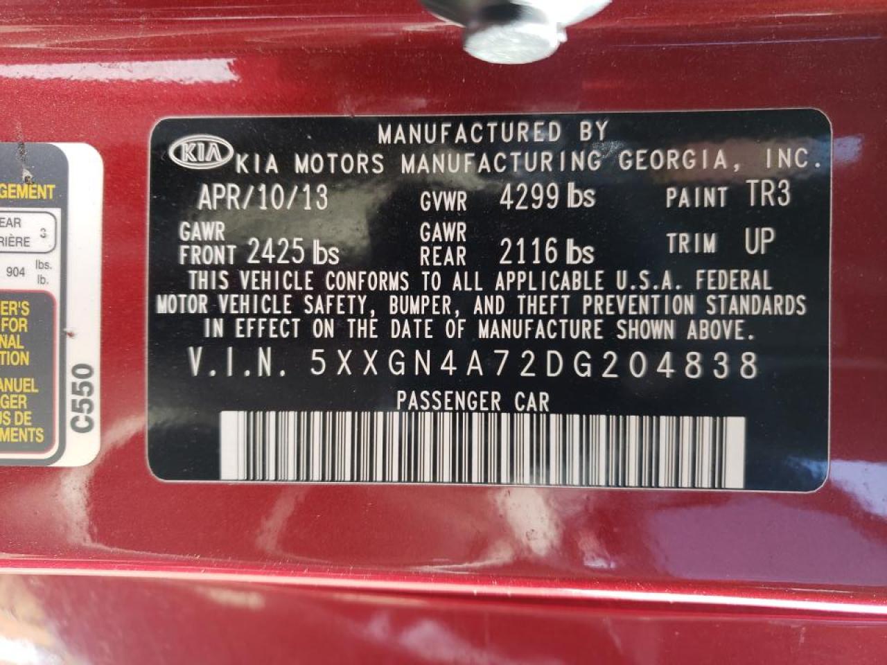 Photo 10 from auction – 2013 KIA OPTIMA EX with VIN 5XXGN4A72DG204838