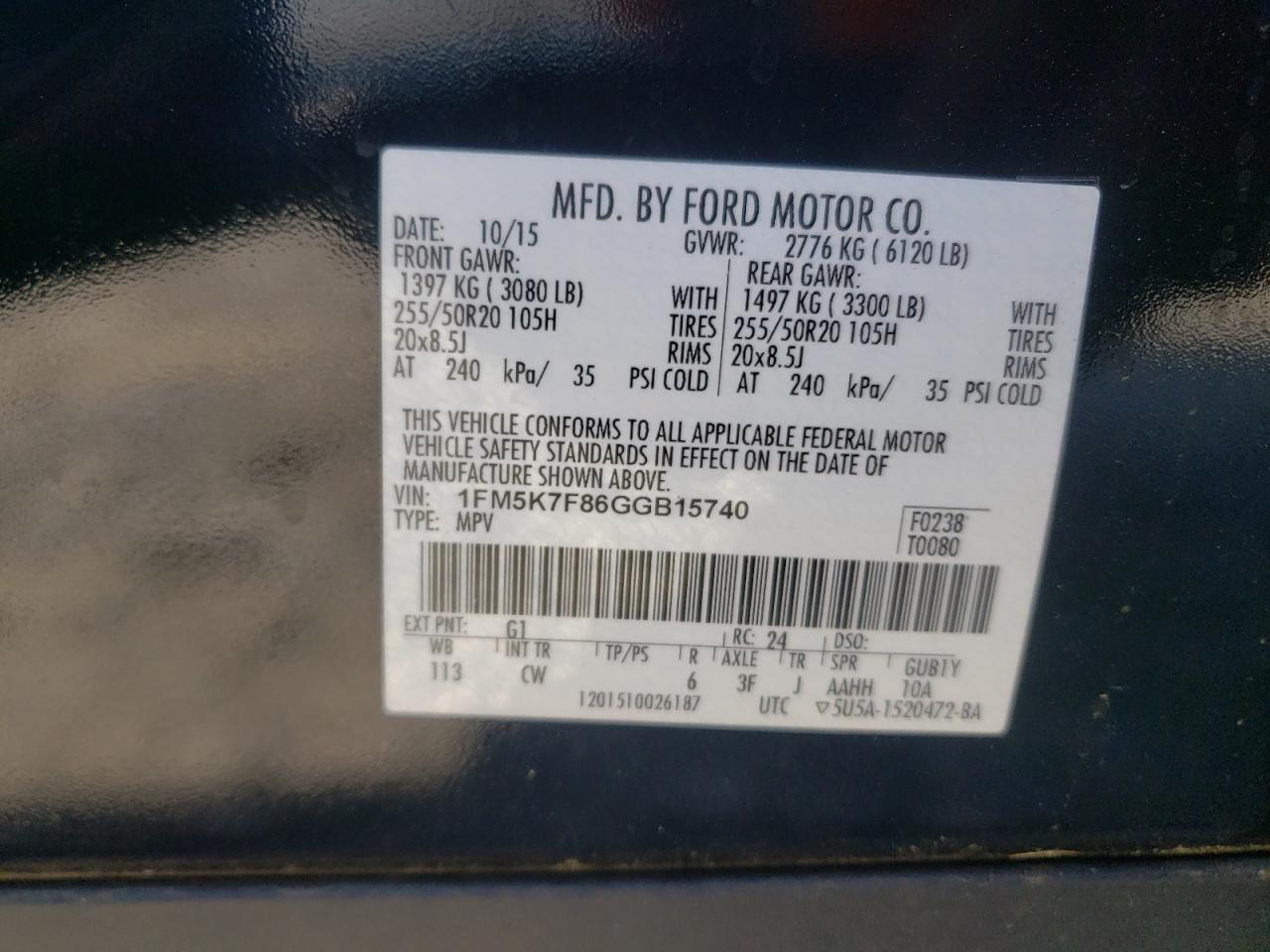 Photo 10 from auction – 2016 FORD EXPLORER L with VIN 1FM5K7F86GGB15740
