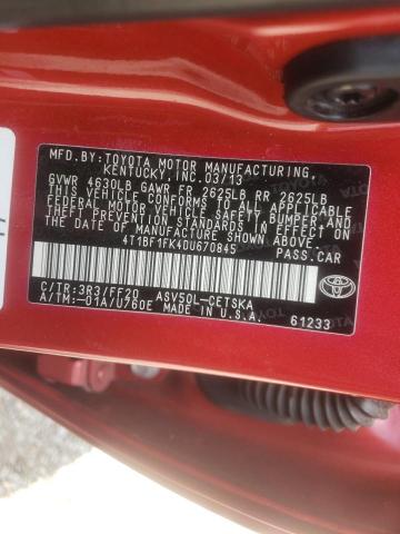 Photo 10 from auction – 2013 TOYOTA CAMRY L with VIN 4T1BF1FK4DU670845