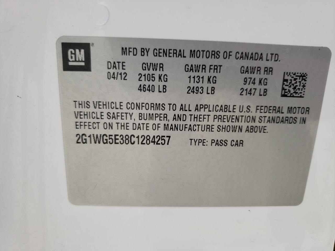 Photo 10 from auction – 2012 CHEVROLET IMPALA LT with VIN 2G1WG5E38C1284257