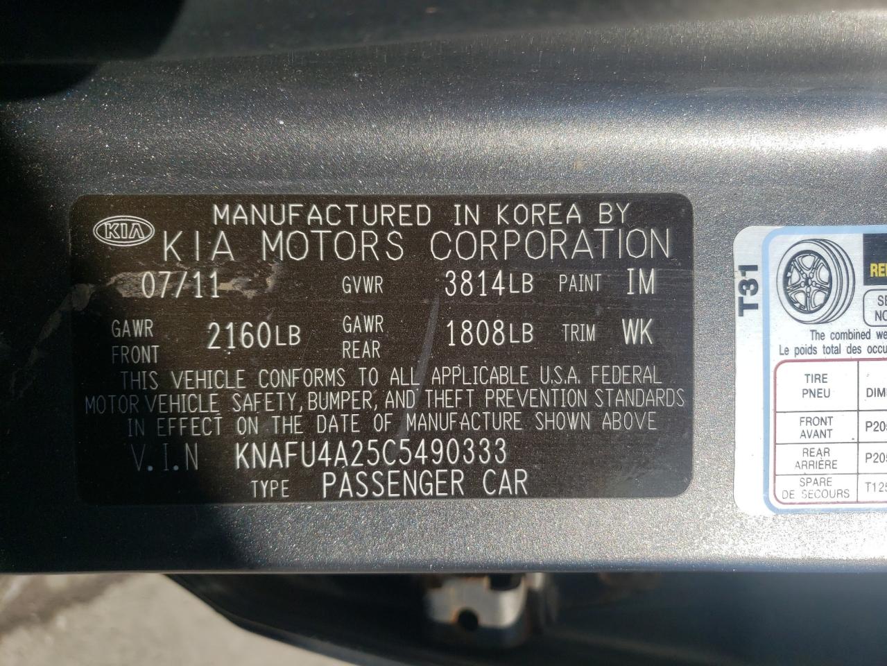 Photo 10 from auction – 2012 KIA FORTE EX with VIN KNAFU4A25C5490333