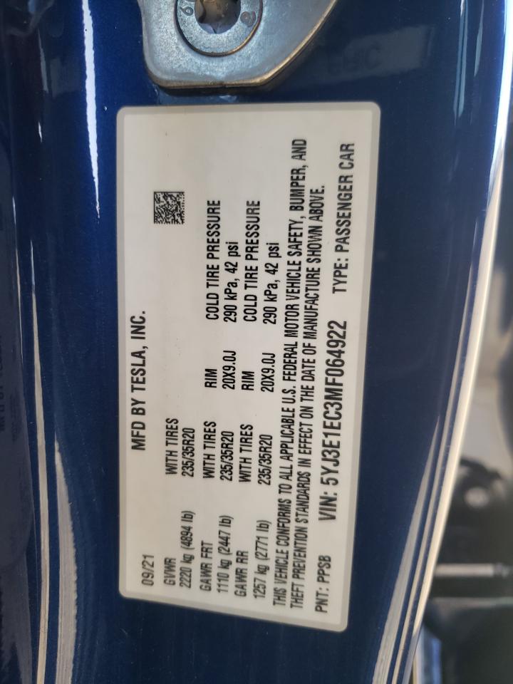 Photo 10 from auction – 2021 TESLA MODEL 3 with VIN 5YJ3E1EC3MF064922
