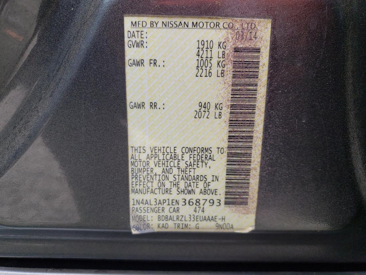 Photo 10 from auction – 2014 NISSAN ALTIMA 2.5 with VIN 1N4AL3AP1EN368793