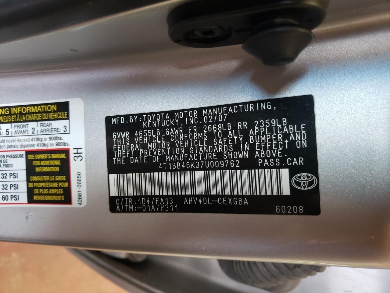 Photo 10 from auction – 2007 TOYOTA CAMRY HYBR with VIN 4T1BB46K37U009762