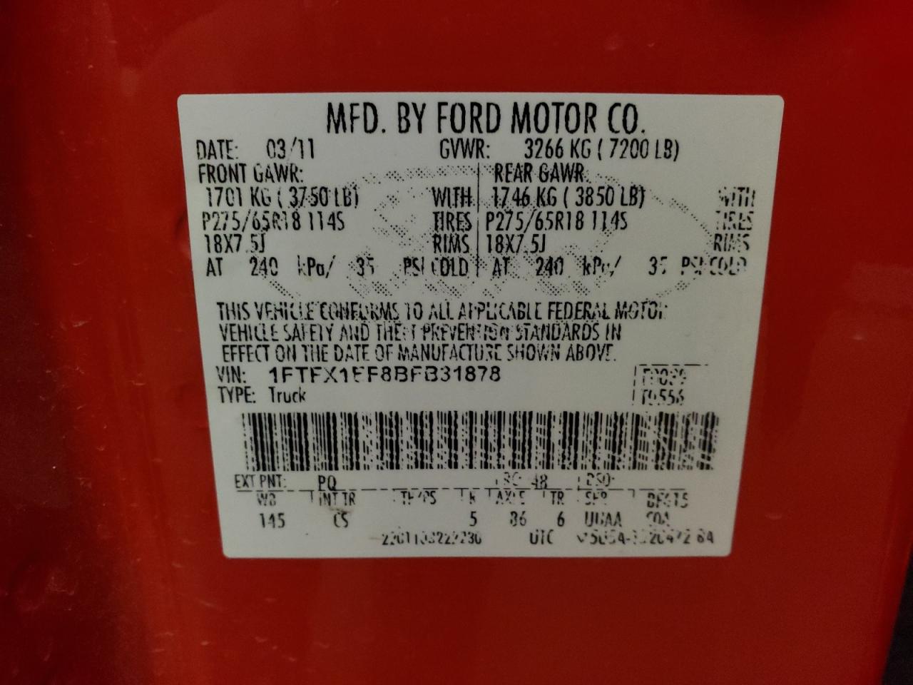 Photo 10 from auction – 2011 FORD F150 SUPER with VIN 1FTFX1EF8BFB31878