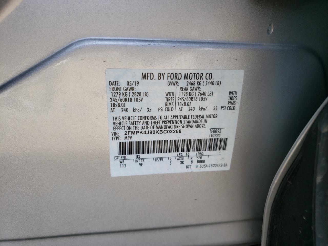 Photo 10 from auction – 2019 FORD EDGE SEL with VIN 2FMPK4J90KBC03268