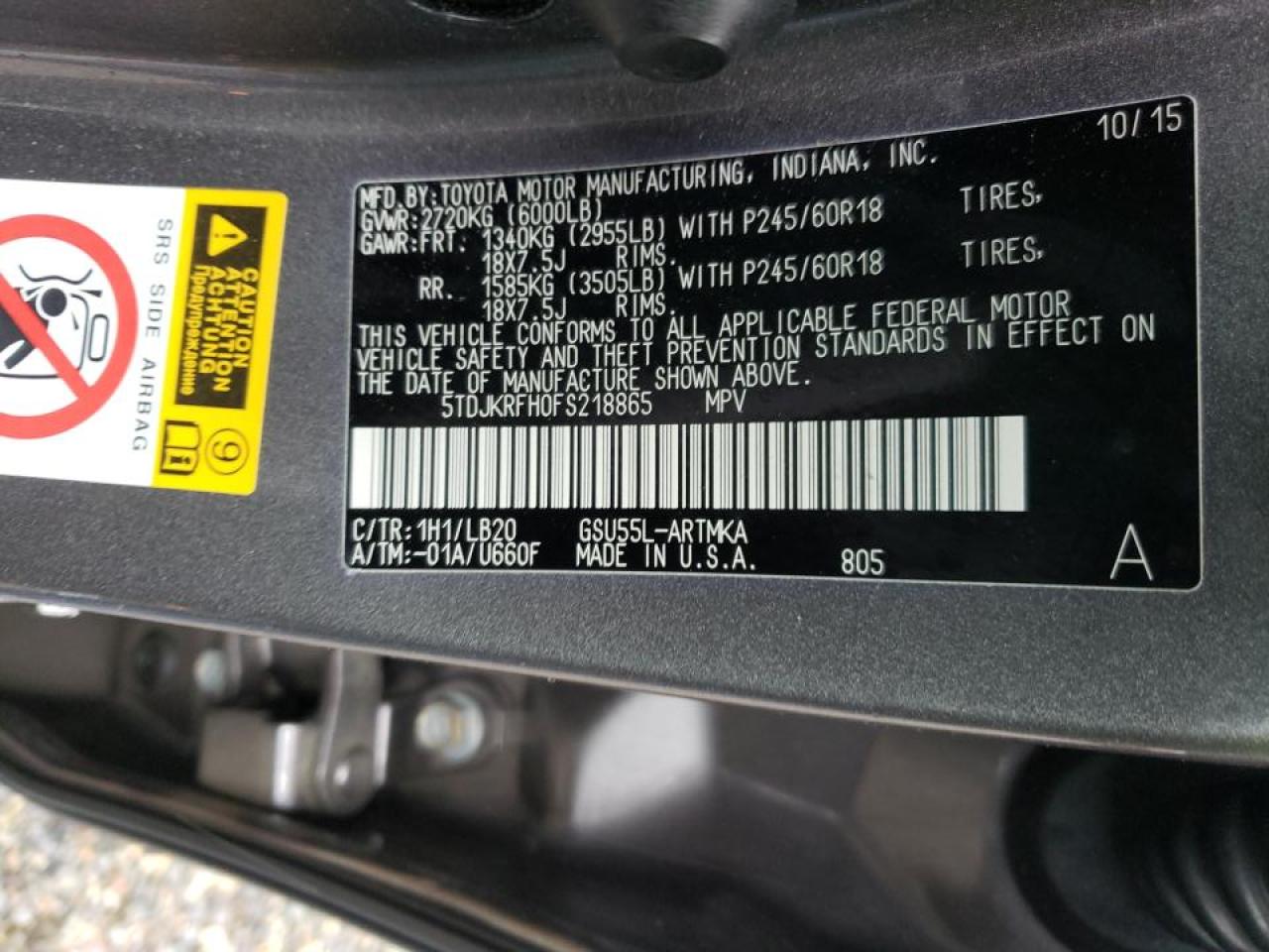 Photo 10 from auction – 2015 TOYOTA HIGHLANDER with VIN 5TDJKRFH0FS218865