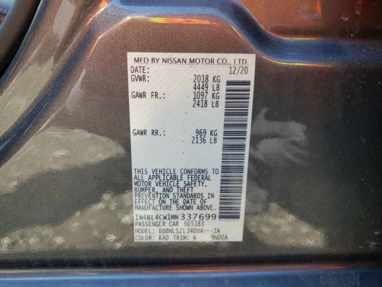 Photo 10 from auction – 2021 NISSAN ALTIMA SR with VIN 1N4BL4CW1MN337699