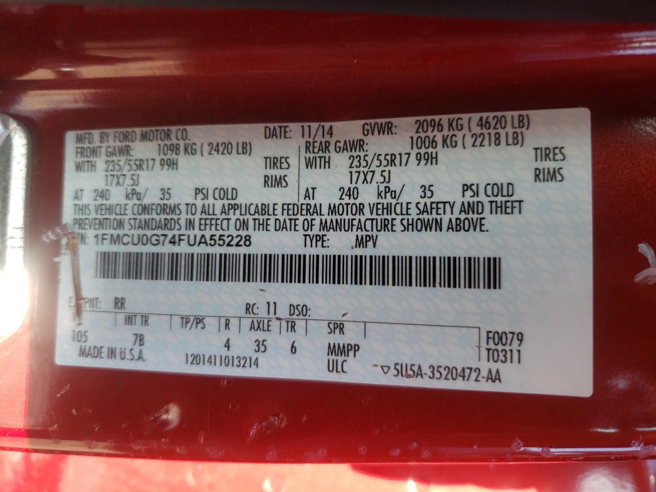 Photo 10 from auction – 2015 FORD ESCAPE SE with VIN 1FMCU0G74FUA55228