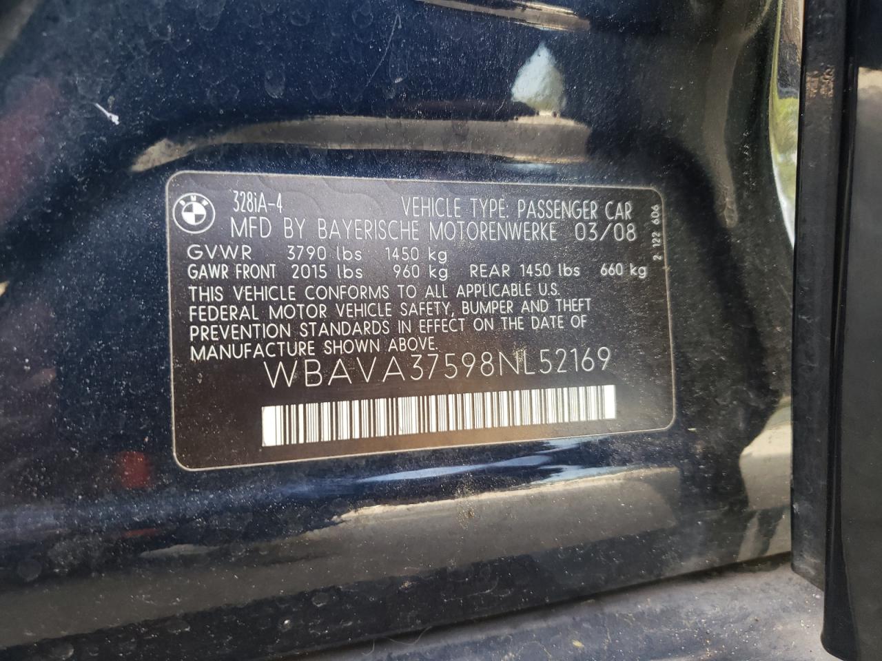 Photo 10 from auction – 2008 BMW 328 I with VIN WBAVA37598NL52169
