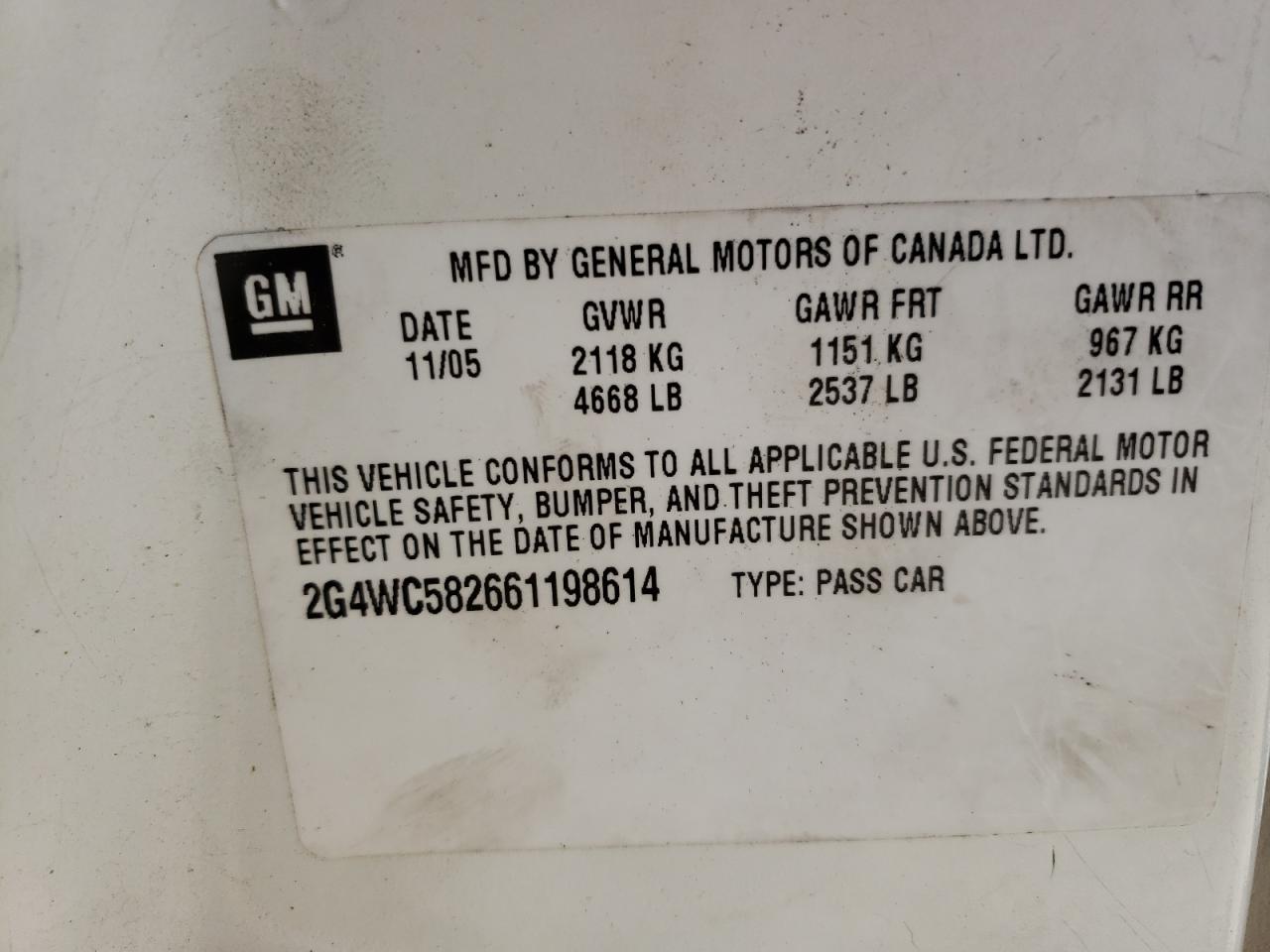 Photo 10 from auction – 2006 BUICK LACROSSE C with VIN 2G4WC582661198614