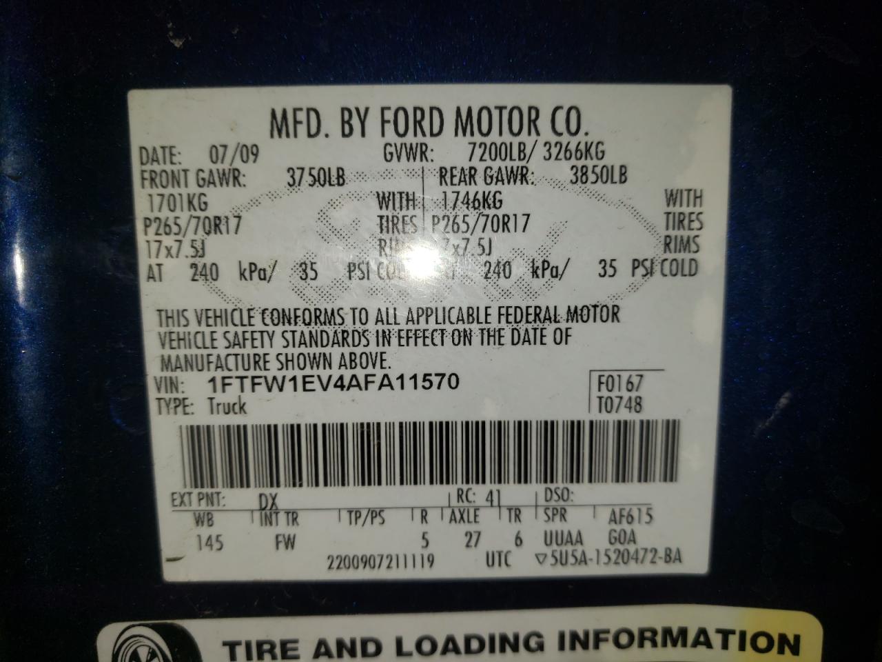 Photo 10 from auction – 2010 FORD F150 SUPER with VIN 1FTFW1EV4AFA11570